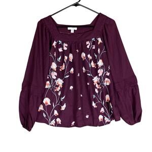 LC Lauren Conrad Womens Blouse Burgundy Petite Floral Square Neck Long Sleeve PS